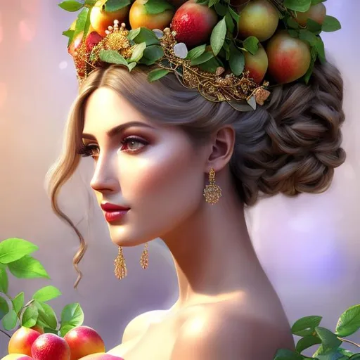 Prompt: HD 4k 3D, hyper realistic, professional modeling, ethereal  Greek goddess of fruit trees, white pulled back hair, fair skin, gorgeous face, gorgeous fruit tree dress, tree jewelry and fruit crown, full body, ambient glow, fruit tree nymph, landscape, detailed, elegant, ethereal, mythical, Greek, goddess, surreal lighting, majestic, goddesslike aura