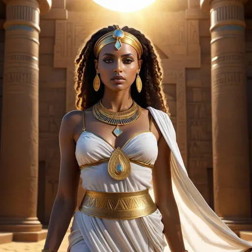 Prompt: HD 4k 3D 8k professional modeling photo hyper realistic beautiful woman enchanted Ethiopian slave Princess Aida, ethereal greek goddess, full body surrounded by ambient glow, magical, highly detailed, intricate, beautiful Egypt, operetta, outdoor landscape, highly realistic woman, high fantasy background, elegant, mythical, surreal lighting, majestic, goddesslike aura, Annie Leibovitz style 


