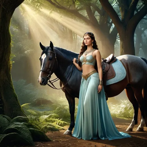 Prompt: HD 4k 3D 8k professional modeling photo hyper realistic beautiful woman enchanted, Narnia Princess Aravis, Aravis is a young Tarkheena, a female member of the ruling nobility of Calormen. With her horse, Hwin, who is eventually revealed to be a talking beast from the land of Narnia, she flees her home, to escape an arranged marriage with Ahoshta Tarkaan. Aravis is a strong character whose confidence, bravery, and loyalty are offset by arrogance and self-centeredness. She is also said to be an amazing storyteller, which is partly the result of her upbringing: the art of telling stories forms part of the education of the nobility. ethereal greek goddess, full body surrounded by ambient glow, magical, highly detailed, intricate, outdoor  landscape, high fantasy background, elegant, mythical, surreal lighting, majestic, goddesslike aura, Annie Leibovitz style 

