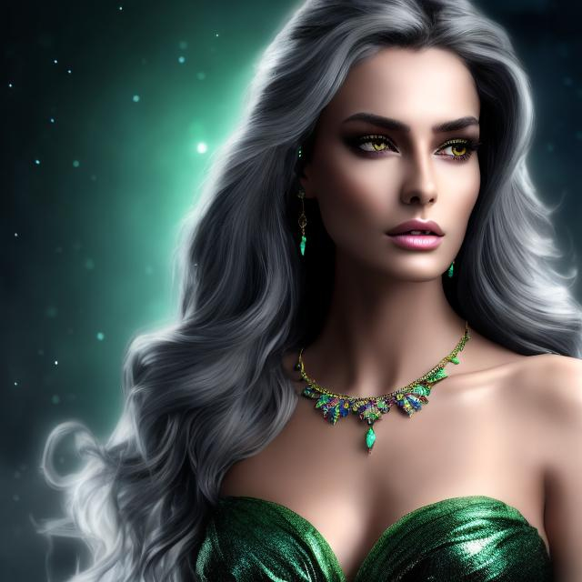 Prompt: HD 4k 3D 8k professional modeling photo hyper realistic beautiful woman ethereal greek goddess of misery
pale green wild hair gray eyes gorgeous face black skin silk greek dress with jewelry and gemstone headpiece full body surrounded by ambient glow hd landscape background standing in the rain gloomy underworld
