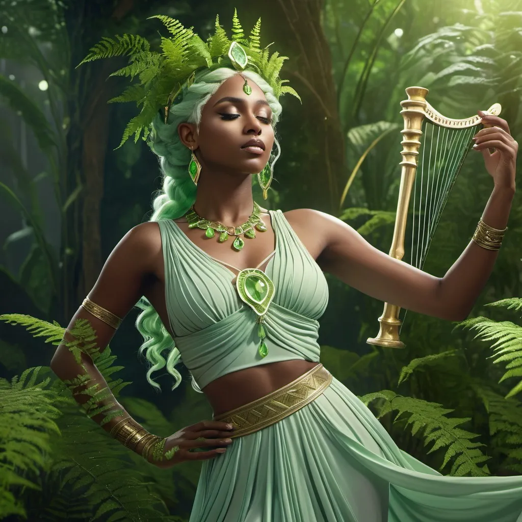 Prompt: HD 4k 3D, hyper realistic, professional modeling, ethereal Greek Muse of Dance, pale green hair, dark skin, gorgeous face, grecian two piece outfit, peridot jewelry and diadem, full body, dancer, playing lyre, surrounded by ferns, delight,  detailed, elegant, ethereal, mythical, Greek, goddess, surreal lighting, majestic, goddesslike aura