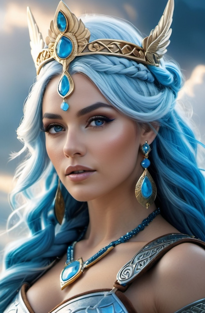 Prompt: Nanna Norse Goddess of daring, hyper realistic, HD 4k 3D, professional modeling, ethereal, bright blue hair, mixed skin, gorgeous face, gorgeous jewelry and tiara, powerful warrior Valkyrie in clouds, ambient divine glow, detailed and intricate, elegant, ethereal, mythical, goddess, radiant lighting, majestic, goddesslike aura, Norse Viking Mythology