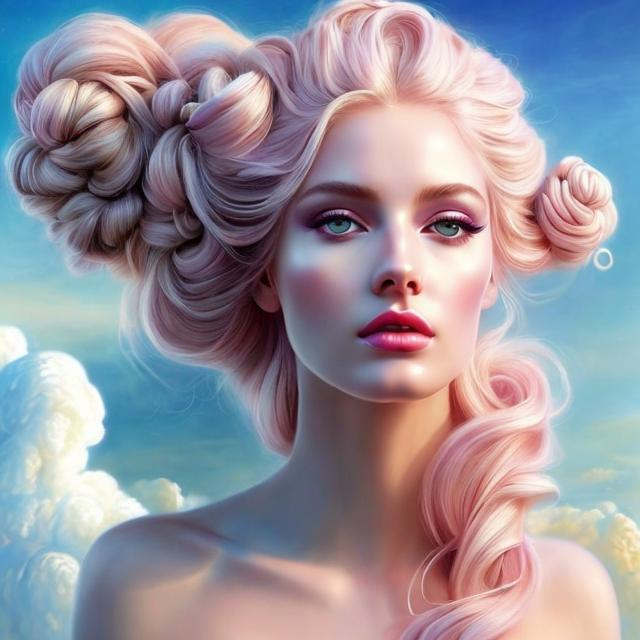 Prompt: HD 4k 3D, hyper realistic, professional modeling, ethereal Greek goddess of the Clouds, pink hair in double buns, gorgeous face, pale skin, gorgeous pastel gown, gemstone jewelry and tiara, pixie wings, full body, ambient glow, sitting in the colorful clouds, dazzling light, landscape, detailed, elegant, ethereal, mythical, Greek, goddess, surreal lighting, majestic, goddesslike aura