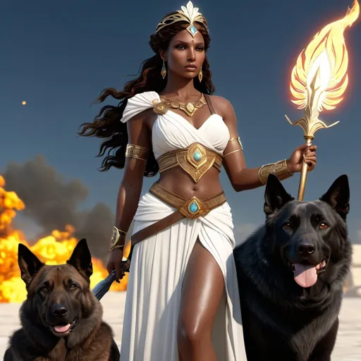 Prompt: HD 4k 3D, hyper realistic, professional modeling, ethereal Greek Goddess of Tracking, bright brown hair, dark skin, gorgeous face,  grecian female warrior, fire opal jewelry and tiara, full body, eternal bounty hunter and tracker, wild, dog companion, weapons, detailed, elegant, ethereal, mythical, Greek, goddess, surreal lighting, majestic, goddesslike aura
