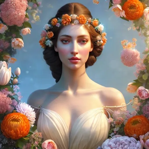 Prompt: HD 4k 3D, hyper realistic, professional modeling, ethereal Greek goddess of spring flowers, red and orange milkmaid braids, pale skin, floral embroidered gown, gorgeous face, floral jewelry and headband, full body, ambient glow, beautiful goddess surrounded by flowers in spring, flower and springtime,  detailed, elegant, ethereal, mythical, Greek, goddess, surreal lighting, majestic, goddesslike aura