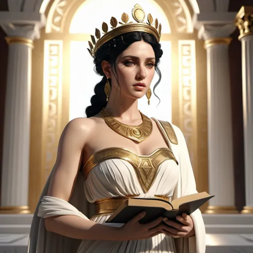 Prompt: HD 4k 3D, hyper realistic, professional modeling, ethereal Greek Muse of Epic Poetry, black hair, pale skin, gorgeous face, grecian chief dress, gold jewelry and crown, full body, poet, writer, holding book, assertive and wise, detailed, elegant, ethereal, mythical, Greek, goddess, surreal lighting, majestic, goddesslike aura