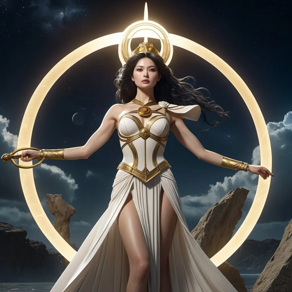 Prompt: HD 4k 3D 8k professional modeling photo hyper realistic beautiful woman enchanted Saturn Princess Hotaru, ethereal greek goddess, full body surrounded by ambient glow, magical, highly detailed, intricate, beautiful Sailor Saturn style, Saturn, goddess of death, scythe, symbols of death, force field, outdoor landscape, highly realistic woman, high fantasy background, elegant, mythical, surreal lighting, majestic, goddesslike aura, Annie Leibovitz style 

