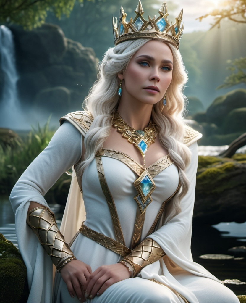 Prompt: Frigg Norse beloved Queen Goddess,  hyper realistic, HD 4k 3D, professional modeling, ethereal, white hair, white skin, gorgeous face, gorgeous jewelry and crown, full body, ambient glow, castle in the wetlands landscape, detailed, elegant, ethereal, mythical, goddess, surreal lighting, majestic, goddesslike aura