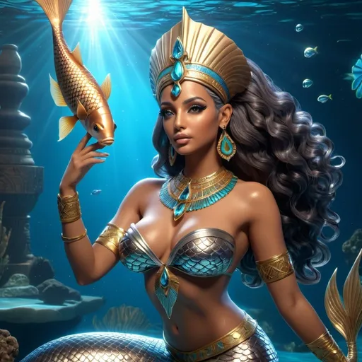 Prompt: HD 4k 3D, 8k, hyper realistic, professional modeling, ethereal Egyptian Fish Goddess Hatmehit, beautiful, glowing brown skin, silver hair, mythical mermaid tail and jewelry, crown, Fish mermaid goddess, full body, swimming in the Nile river, Fantasy setting, surrounded by ambient divine glow, detailed, elegant, surreal dramatic lighting, majestic, goddesslike aura, octane render