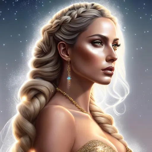 Prompt: HD 4k 3D, hyper realistic, professional modeling, ethereal Greek goddess "abundance", blonde ombre braids, tan skin, springtime gown, gorgeous face, starry jewelry and crown, full body, ambient glow, alluring archer goddess, bonfires, detailed, elegant, ethereal, mythical, Greek, goddess, surreal lighting, majestic, goddesslike aura