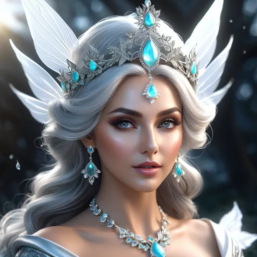 Prompt: evil witch, a kind of fairy or goddess having the appearance of such a woman, particularly active in raising the windstorms of spring, hyper realistic, HD 4k 3D, professional modeling, ethereal, gray hair, medium skin, gorgeous face, jewelry and headpiece, ambient divine glow, detailed and intricate, elegant, ethereal, mythical, goddess, radiant lighting, majestic, goddesslike aura