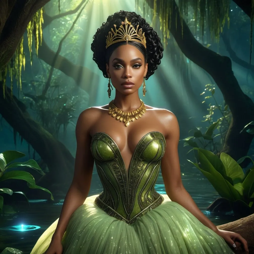 Prompt: HD 4k 3D, hyper realistic, professional modeling, enchanted black voodoo Princess - Tiana, beautiful, magical, detailed, highly realistic woman, high fantasy background, bayou, elegant, ethereal, mythical, Greek goddess, surreal lighting, majestic, goddesslike aura, Annie Leibovitz style 