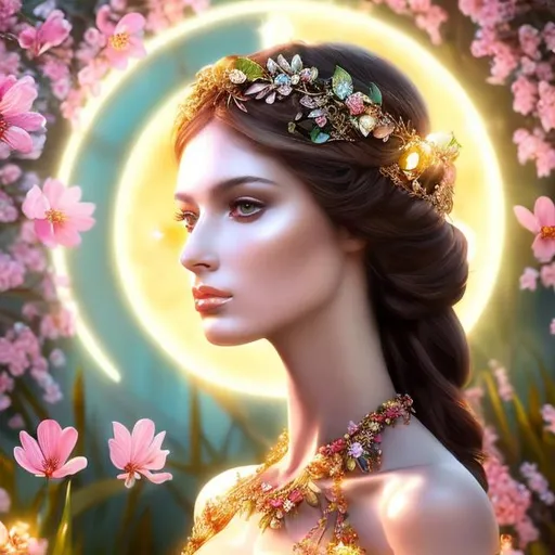 Prompt: HD 4k 3D, hyper realistic, professional modeling, ethereal Greek goddess of spring and flowers, red hair, brown skin, gorgeous face, gorgeous floral and green grecian dress, floral jewelry and flower headpiece, full body, ambient glow, flower nymph in springtime, landscape, detailed, elegant, ethereal, mythical, Greek, goddess, surreal lighting, majestic, goddesslike aura