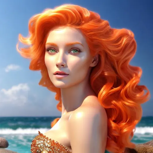 Prompt: HD 4k 3D 8k professional modeling photo hyper realistic beautiful woman ethereal greek goddess protector of mariners mermaid
orange hair gorgeous face seashell jewelry seashell headband beautiful mermaid tail full body surrounded by ambient glow hd landscape mermaid on rocks in ocean watching ships
