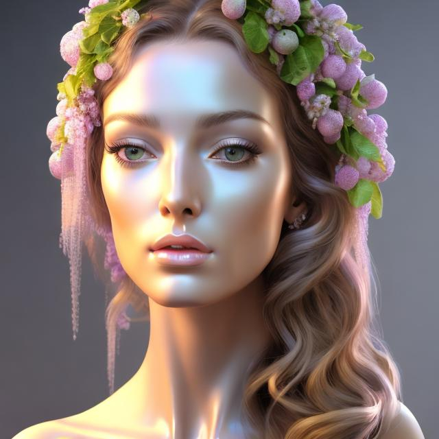 Prompt: HD 4k 3D, hyper realistic, professional modeling, ethereal  Greek goddess of fruit trees, black hair, pale freckled skin, gorgeous face, gorgeous fruit tree dress, tree jewelry and fruit diadem, full body, ambient glow, fruit tree nymph next to river, landscape, detailed, elegant, ethereal, mythical, Greek, goddess, surreal lighting, majestic, goddesslike aura