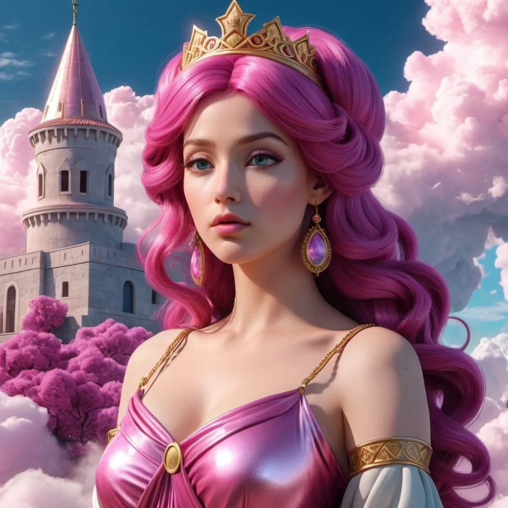 Prompt: HD 4k 3D, hyper realistic, professional modeling, enchanted magenta-haired Princess - Bubblegum, beautiful, magical, kind, castle in the clouds, detailed, elegant, ethereal, mythical, Greek goddess, surreal lighting, majestic, goddesslike aura