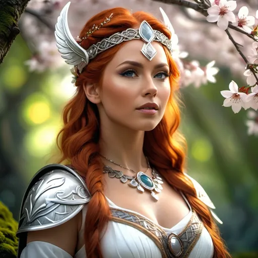 Prompt: Ilmr Norse Goddess of trees, hyper realistic, HD 4k 3D, professional modeling, ethereal, bright red hair, tan skin, gorgeous face, gorgeous jewelry and diadem, Valkyrie, in a forest of blossoming tress, ambient divine glow, detailed and intricate, elegant, ethereal, mythical, goddess, radiant lighting, majestic, goddesslike aura, Norse Viking Mythology