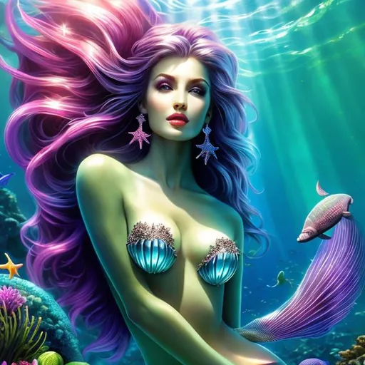 Prompt: HD 4k 3D 8k professional modeling photo hyper realistic beautiful evil woman ethereal greek goddess mermaid
green hair gorgeous face starfish  jewelry starfish diadem mermaid tail full body surrounded by ambient glow hd landscape underwater kelp forest 
