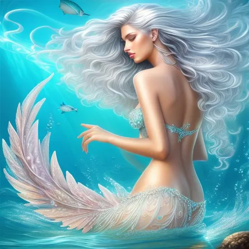 Prompt: HD 4k 3D 8k professional modeling photo hyper realistic beautiful woman ethereal greek goddess sea nymph 
white hair mixed skin gorgeous face ocean jewelry ocean tiara  mermaid tail full body surrounded by ambient glow hd landscape 

