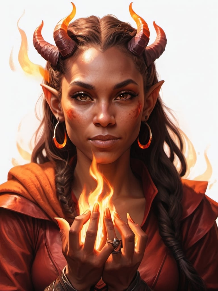 Prompt: hyper-realistic Tiefling woman character with fire hands, fantasy character art, illustration, dnd, warm tone