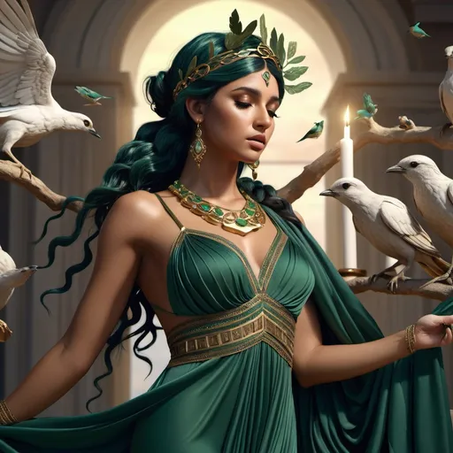 Prompt: HD 4k 3D, hyper realistic, professional modeling, ethereal Greek Muse of Song, dark green hair, brown skin, gorgeous face, grecian silk gown, ornate jewelry and headband, full body, embodiment of song, surrounded by birds, magic, Jupiter, detailed, elegant, ethereal, mythical, Greek, goddess, surreal lighting, majestic, goddesslike aura