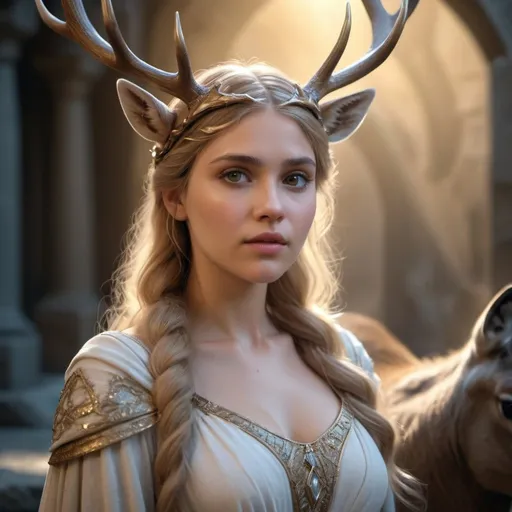 Prompt: HD 4k 3D, hyper realistic, professional modeling, enchanted Westeros Princess - Myrcella, kind, beautiful, magical, deer, high fantasy background, detailed, highly realistic woman, elegant, ethereal, mythical, Greek goddess, surreal lighting, majestic, goddesslike aura