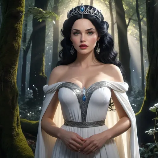 Prompt: HD 4k 3D, hyper realistic, professional modeling, enchanted German Princess - Snow White, black hair, beautiful, magical, beautiful forest, detailed, elegant, ethereal, mythical, Greek goddess, surreal lighting, majestic, goddesslike aura