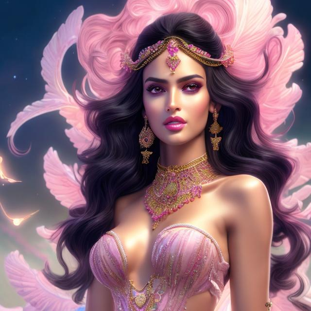 Prompt: HD 4k 3D 8k professional modeling photo hyper realistic beautiful woman ethereal greek goddess of fame
long beach wavy blush pink hair hazel eyes gorgeous face with makeup black skin shiny dress with gems ornate jewelry headband angel wings she is holding a trumpet full body surrounded by ambient glow hd landscape background pastel colored clouds 
