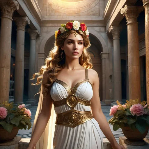 Prompt: HD 4k 3D 8k professional modeling photo hyper realistic beautiful woman Roman Princess ethereal greek goddess gorgeous face full body surrounded by ambient glow, enchanted, magical, detailed, highly realistic woman, high fantasy background, Ancient Roman courtyard colorful florals, elegant, mythical, surreal lighting, majestic, goddesslike aura, Annie Leibovitz style 


