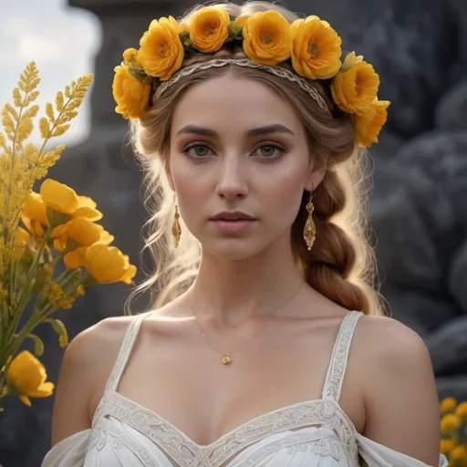 Prompt: HD 4k 3D, 8k, hyper realistic, professional modeling, ethereal Greek Goddess and Devoted Wife, orange milkmaid braid hair, beige skin, gorgeous face, ornate lace bridal gown, yellow gemstone jewelry and buttercup headband, at outdoor altar, surrounded by dark gloomy background except yellow flowers and glowing goddess, surrounded by ambient divine glow, detailed, elegant, ethereal, mythical, Greek, goddess, surreal lighting, majestic, goddesslike aura