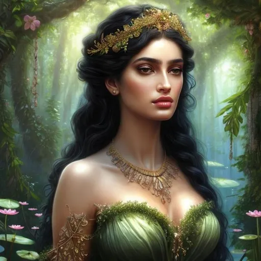 Prompt: HD 4k 3D, hyper realistic, professional modeling, ethereal Greek goddess of echoes, black hair, mixed skin, gorgeous face, gorgeous wild foliage dress,  rustic jewelry and tiara, full body, ambient glow, forest nymph, landscape next to pond with lilypads, detailed, elegant, ethereal, mythical, Greek, goddess, surreal lighting, majestic, goddesslike aura