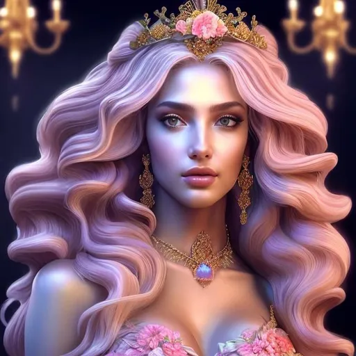 Prompt: HD 4k 3D, hyper realistic, professional modeling, ethereal Greek goddess of banquets, pink ombre hair, mixed skin, embroidered robes, gorgeous face, regal jewelry and diadem, full body, ambient glow, goddess at royal banquet, scales of justice, detailed, elegant, ethereal, mythical, Greek, goddess, surreal lighting, majestic, goddesslike aura