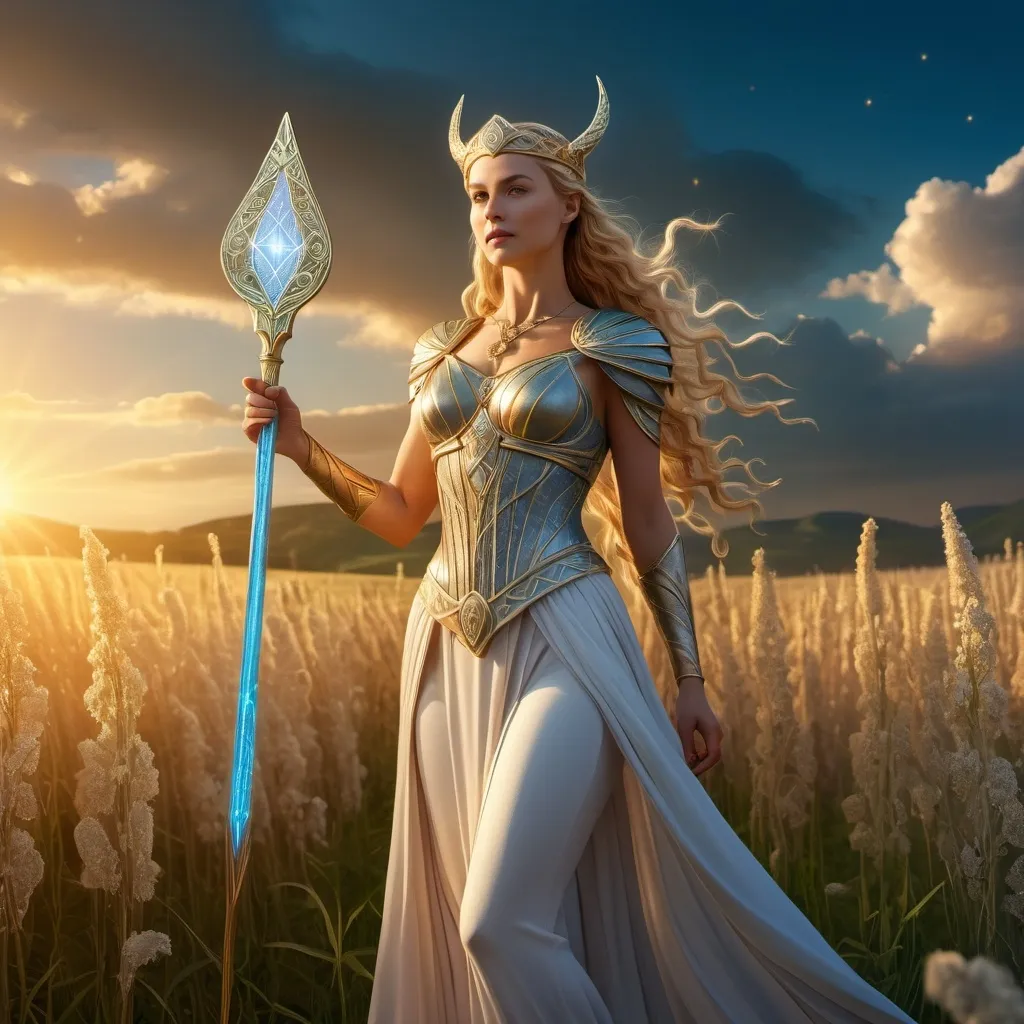 Prompt: tarot card  illustration, Beyla Norse Goddess of argriculture, hyperrealistic, HD 4k 3D 8k professional modeling photo, beautiful fair woman enchanted, standing in a field, surrounded by ambient glow, magical, highly detailed, intricate, mythical background, elegant, surreal lighting, majestic, goddesslike aura