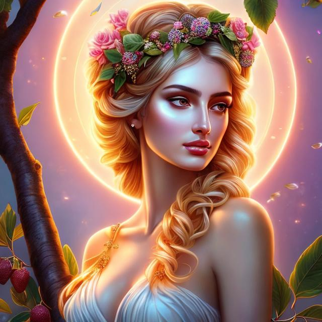 Prompt: HD 4k 3D, hyper realistic, professional modeling, ethereal  Greek goddess of fruit trees, white pulled back hair, fair skin, gorgeous face, gorgeous fruit tree dress, tree jewelry and fruit crown, full body, ambient glow, fruit tree nymph, landscape, detailed, elegant, ethereal, mythical, Greek, goddess, surreal lighting, majestic, goddesslike aura