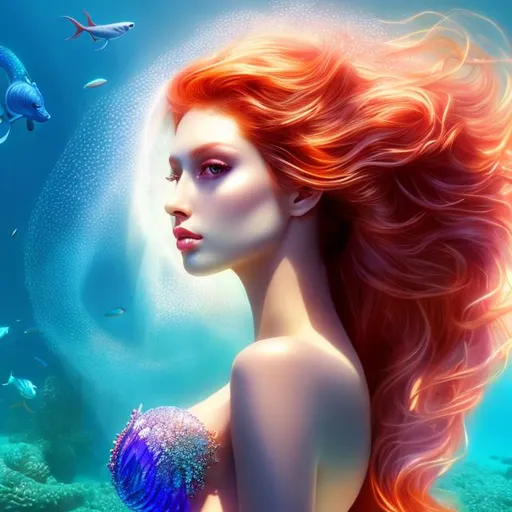 Prompt: HD 4k 3D 8k professional modeling photo hyper realistic beautiful woman ethereal greek goddess Asian sea nymph Oceanid
red hair pale skin gorgeous face ocean jewelry sea headband colored mermaid tail full body surrounded by ambient glow hd landscape under the pacific ocean mermaid 

