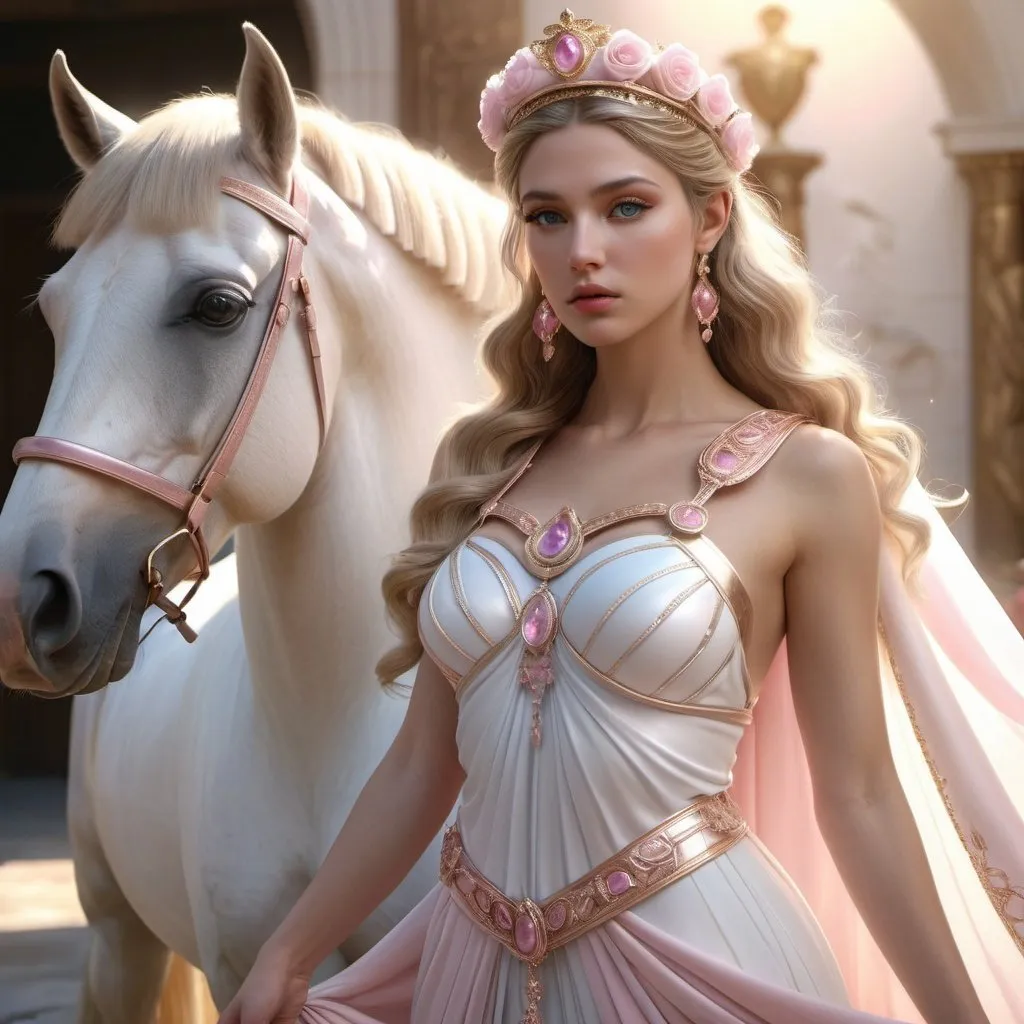 Prompt: HD 4k 3D, hyper realistic, professional modeling, ethereal Greek sister Princesses, shining hair, white skin, gorgeous face, bridal gowns, pink calcite jewelry and headbands, full body, horses, cherubs, surrounded by divine glow, detailed, elegant, ethereal, mythical, Greek, goddess, surreal lighting, majestic, goddesslike aura