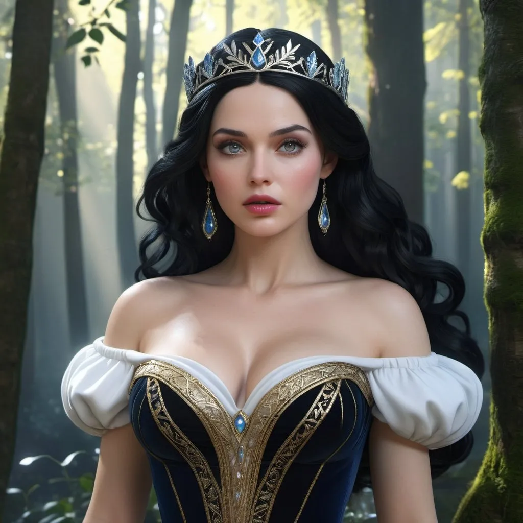 Prompt: HD 4k 3D, hyper realistic, professional modeling, enchanted German Princess - Snow White, black hair, beautiful, magical, beautiful forest, detailed, elegant, ethereal, mythical, Greek goddess, surreal lighting, majestic, goddesslike aura