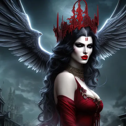 Prompt: HD 4k 3D 8k professional modeling photo hyper realistic evil beautiful demon woman ethereal greek goddess of horror
yellow hair dark eyes gorgeous face fair skin dark red lips grecian feathered dress jewelry gothic crown claws full body surrounded by ghostly glow hd landscape background underworld surrounded by gothic horror  ghostly spirits bats crows 
