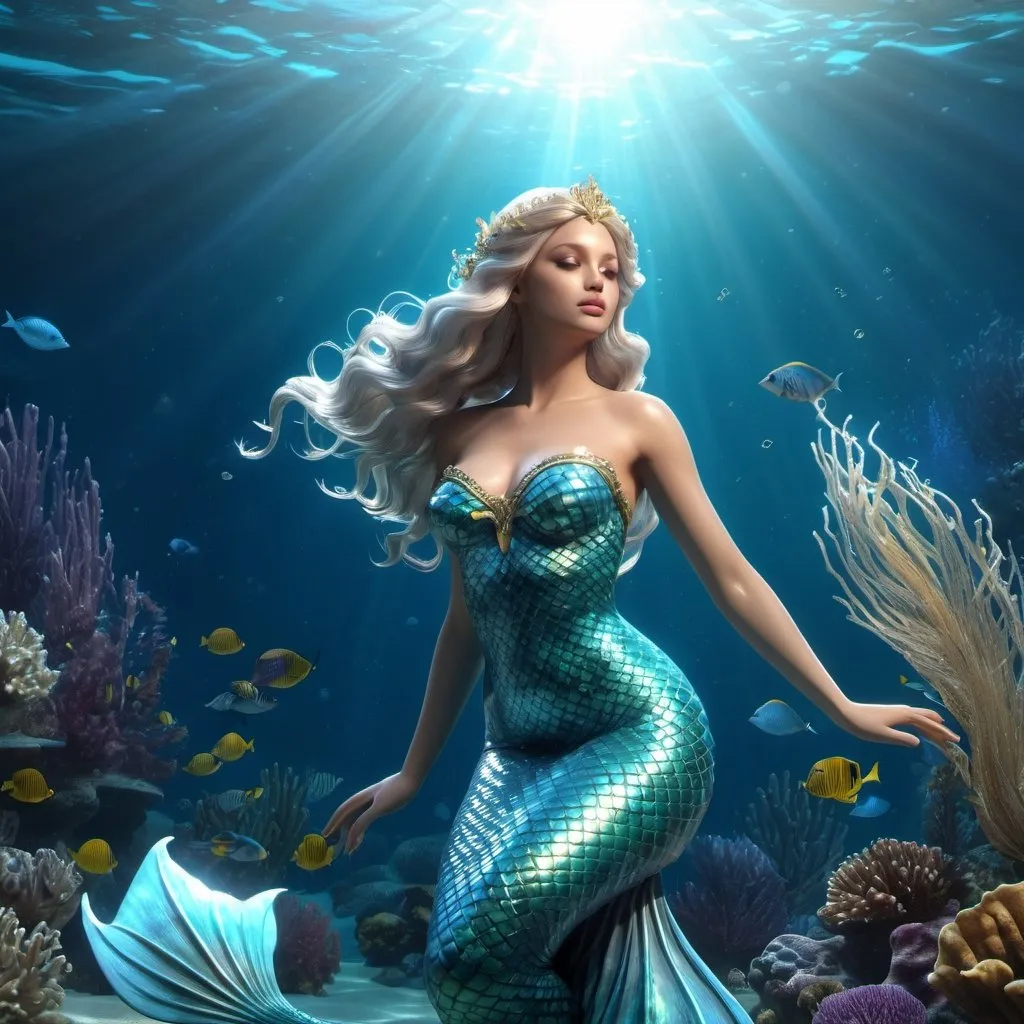 Prompt: HD 4k 3D, hyper realistic, professional modeling, ethereal Mermaid Princess beautiful, magical, underwater fantasy ocean, detailed, elegant, ethereal, mythical, Greek goddess, surreal lighting, majestic, goddesslike aura