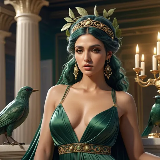 Prompt: HD 4k 3D, hyper realistic, professional modeling, ethereal Greek Muse of Song, dark green hair, brown skin, gorgeous face, grecian silk gown, ornate jewelry and headband, full body, embodiment of song, surrounded by birds, magic, Jupiter, detailed, elegant, ethereal, mythical, Greek, goddess, surreal lighting, majestic, goddesslike aura