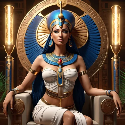 Prompt: HD 4k 3D, 8k, hyper realistic, professional modeling, ethereal Egyptian Magic Goddess Isis, beautiful, glowing beige skin, red hair, mythical  clothing and jewelry, crescent moon diadem, goddess of magic, full body, scorpion tattoo, paradise on throne, cobra, Fantasy setting, surrounded by ambient divine glow, detailed, elegant, surreal dramatic lighting, majestic, goddesslike aura, octane render