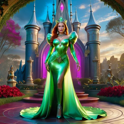 Prompt: HD 4k 3D 8k professional modeling photo hyper realistic beautiful woman enchanted, Oz Princess Gaylette, Gayelette was an ancient princess and sorceress who lived in a ruby palace in the northern quadrant called Gillikin Country of the Land of Oz., full body surrounded by ambient glow, magical, highly detailed, intricate, outdoor  landscape, high fantasy background, elegant, mythical, surreal lighting, majestic, goddesslike aura, Annie Leibovitz style 