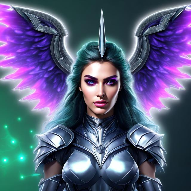 Prompt: HD 4k 3D 8k professional modeling photo hyper realistic beautiful  woman ethereal greek goddess of thunder
green blue and purple hair olive skin gorgeous face shining silver armor shield silver jewelry cloudy headpiece fairy wings full body surrounded by ambient glow hd landscape power of mighty thunder and clouds

