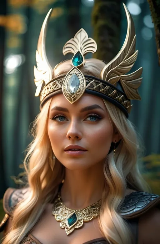 Prompt: Irpa Norse Dark Earth Goddess, hyper realistic, HD 4k 3D, professional modeling, ethereal, bright blonde l hair, light brown skin, gorgeous face, gorgeous jewelry and headpiece, Wicked Valkyrie, in a dark forest, ambient divine glow, detailed and intricate, elegant, ethereal, mythical, goddess, radiant lighting, majestic, goddesslike aura, Norse Viking Mythology