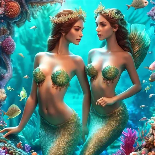 Prompt: HD 4k 3D 8k professional modeling photo hyper realistic beautiful group of women ethereal greek goddesses sea nymphs mermaids
gorgeous faces coral  jewelry coral headpieces white and gold mermaid tails and top full body surrounded by ambient glow hd landscape under the sea
