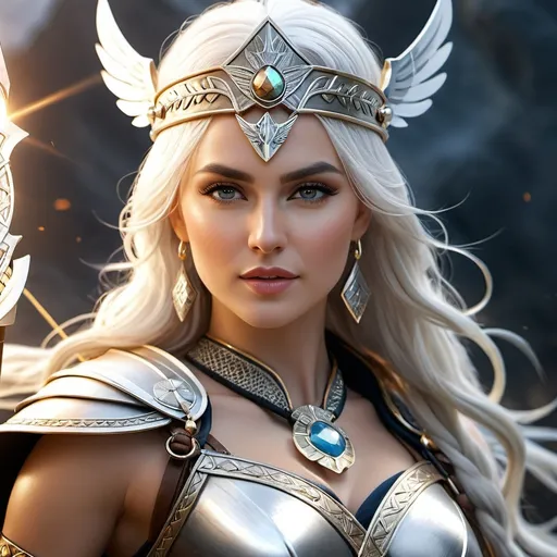 Prompt: Rheda Norse Goddess of War Victory, hyper realistic, HD 4k 3D, professional modeling, ethereal, white hair, fair skin, gorgeous face, gorgeous jewelry and headband, Valkyrie warrior strong and proud, ambient glow, detailed, elegant, ethereal, mythical, goddess, radiant lighting, majestic, goddesslike aura, Norse Mythology