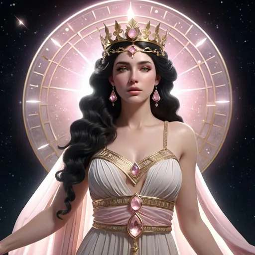 Prompt: HD 4k 3D, hyper realistic, professional modeling, ethereal Greek Goddess of the Months, black half up hair, pale skin, gorgeous face,  grecian shimmering dress, pink morganite jewelry and crown, full body, cosmos, lunar months, astrology, solar, detailed, elegant, ethereal, mythical, Greek, goddess, surreal lighting, majestic, goddesslike aura