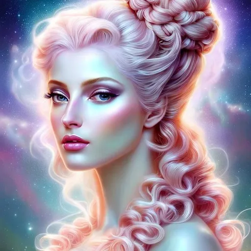 Prompt: HD 4k 3D, hyper realistic, professional modeling, ethereal Greek goddess of the Clouds, pink hair in double buns, gorgeous face, pale skin, gorgeous pastel gown, gemstone jewelry and tiara, pixie wings, full body, ambient glow, sitting in the colorful clouds, dazzling light, landscape, detailed, elegant, ethereal, mythical, Greek, goddess, surreal lighting, majestic, goddesslike aura