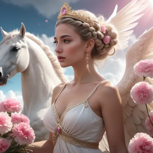 Prompt: HD 4k 3D, 8k, hyper realistic, professional modeling, ethereal Greek Goddess Princess, white braided bun, fair skin, gorgeous face, flowing dress, pink gemstone jewelry and feather diadem, flying through clouds riding on pegasus  covered in carnations, surrounded by ambient divine glow, detailed, elegant, ethereal, mythical, Greek, goddess, surreal lighting, majestic, goddesslike aura