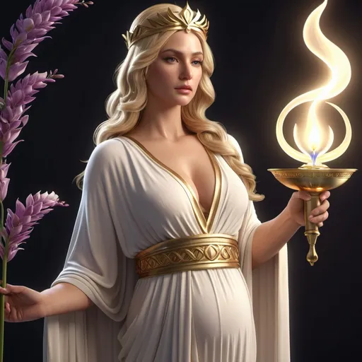 Prompt: HD 4k 3D, hyper realistic, professional modeling, ethereal Greek Goddess of childbirth, light blonde hair, brown skin, gorgeous face,  grecian robes, amethyst jewelry and diadem, holding a torch and baby, full body, midwife, peace lilies, caring, healing, detailed, elegant, ethereal, mythical, Greek, goddess, surreal lighting, majestic, goddesslike aura